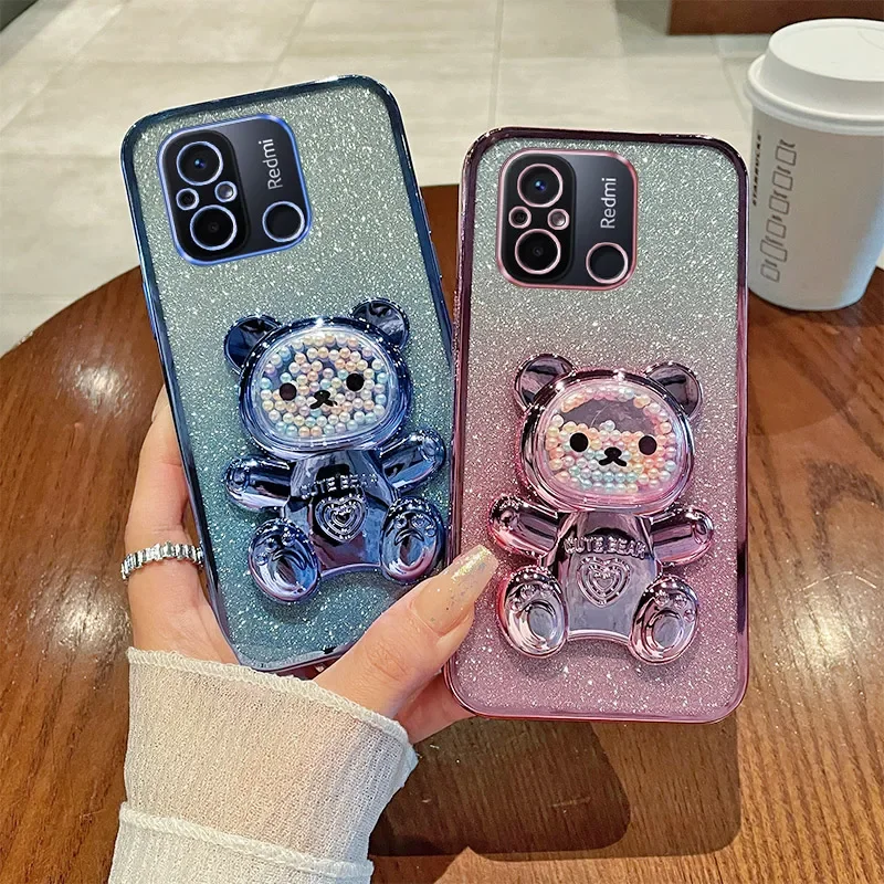 For Redmi 12C Poco C55 Luxury Gradient Glitter Plating Quicksand Beads Cute Bear Holder Case Cover Xiaomi Redmi12C PocoC55 12 C