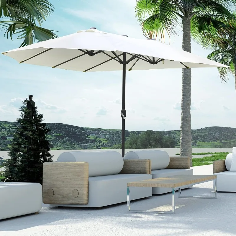 

Patio Umbrella 15' Steel Rectangular Outdoor Double Sided Market with base, Sun Protection & Easy Crank for Deck Pool Patio