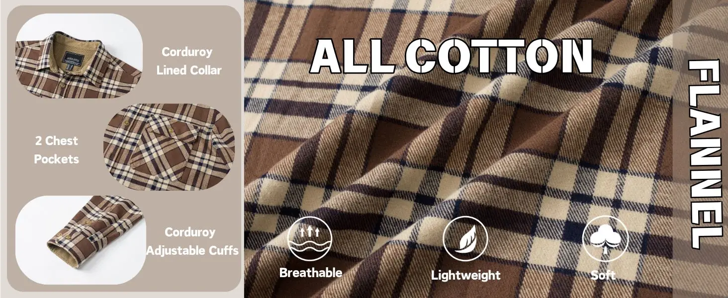 MAGCOMSEN Men's Cotton Flannel Shacket Plaid Shirt Long Sleeve Corduroy Collar 2 Chest Pockets Casual Work Overshirt Outdoor
