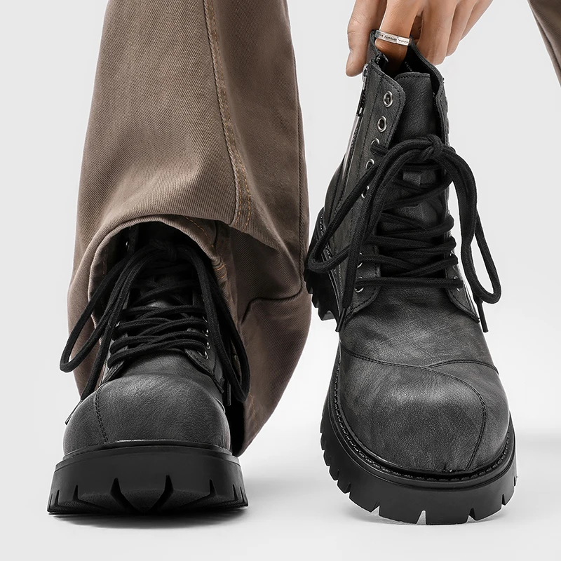 Retro Men Motorcycle Boots Gray Black Thick Sole Height Increasing Wear-resistant Retro Outdoor Work Clothes Short Boots