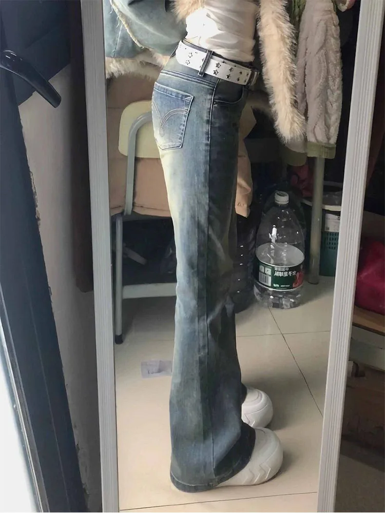 

Retro Waed Denim Jeans Women's Summer New Large Size Design Sense Elastic Hoof Pants High Waist Long Pants Pure Color