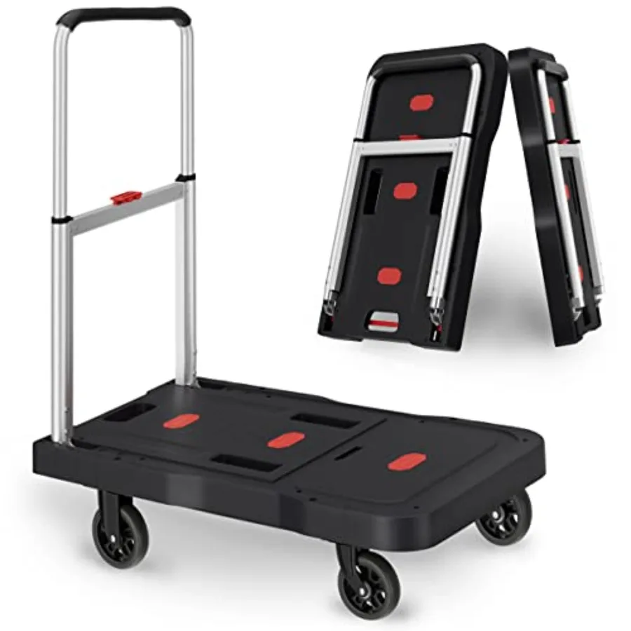 Foldable Platform Truck Dolly with 360 Degree Swivel Wheels Black 330lb Capacity Adjustable Handle Ideal for Garage Garden Home