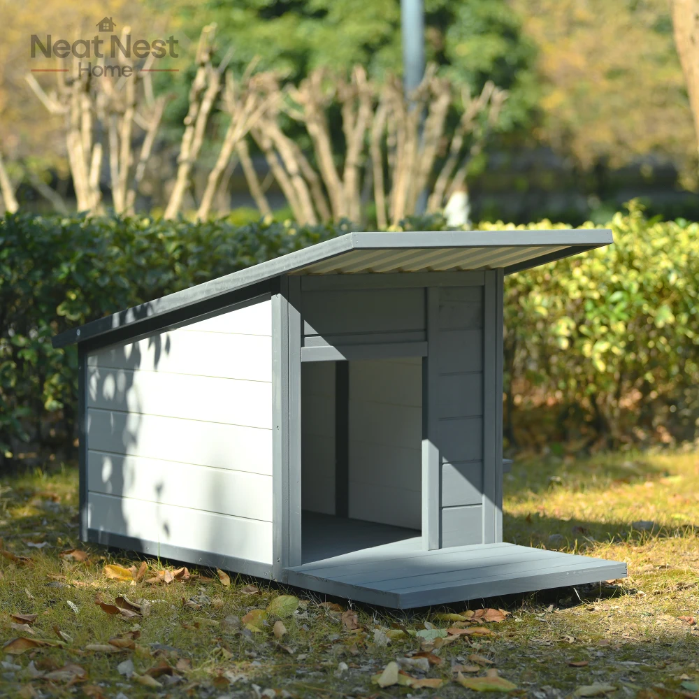 

Large Portable Grey wood Dog House ,Outdoor Dog house With Food bowl, 4 swivel wheels,Modern Friendly style shelter for Pet