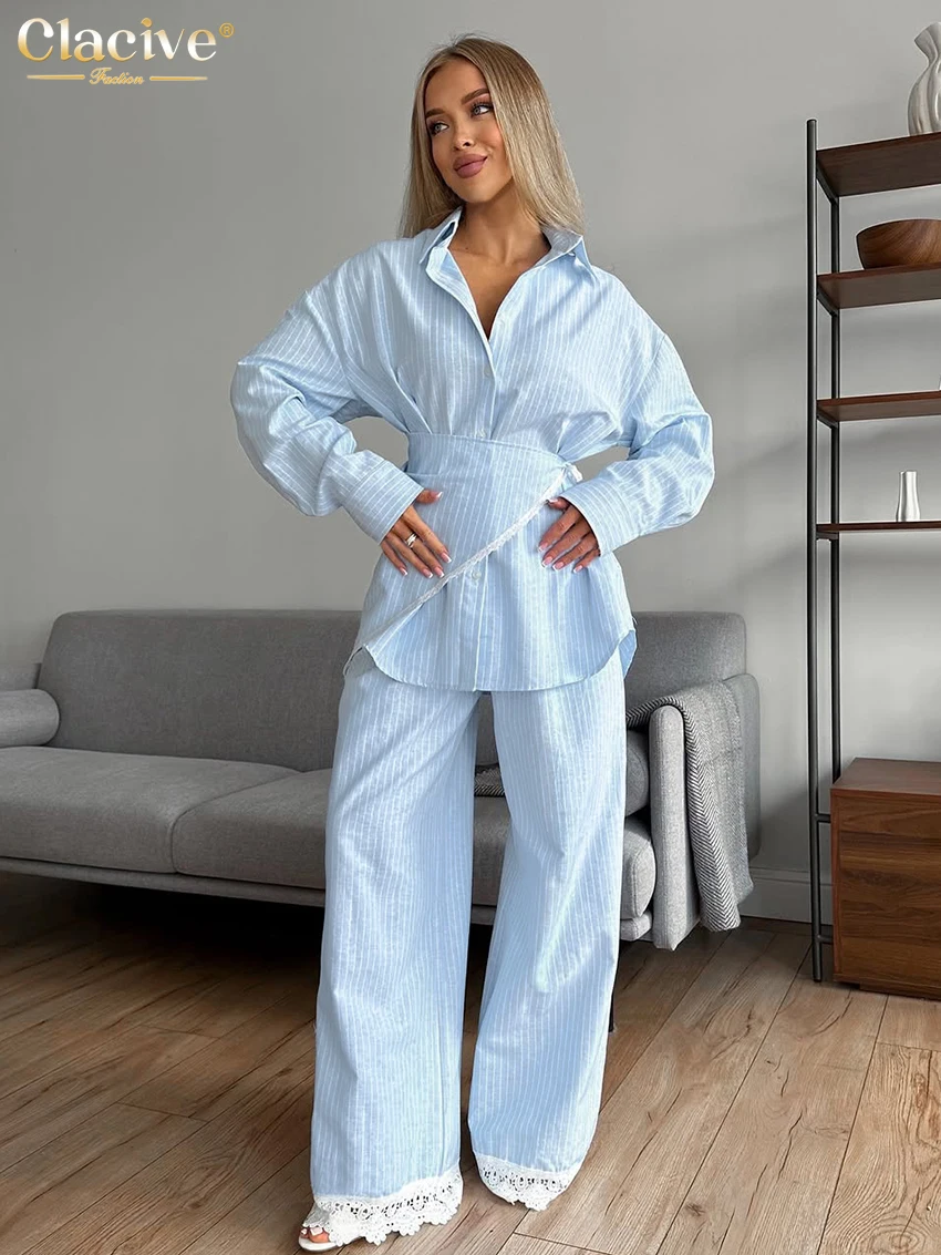 Blue Stripe 3-Piece Women's Set: Shirt, Corset and Wide-Leg Pants