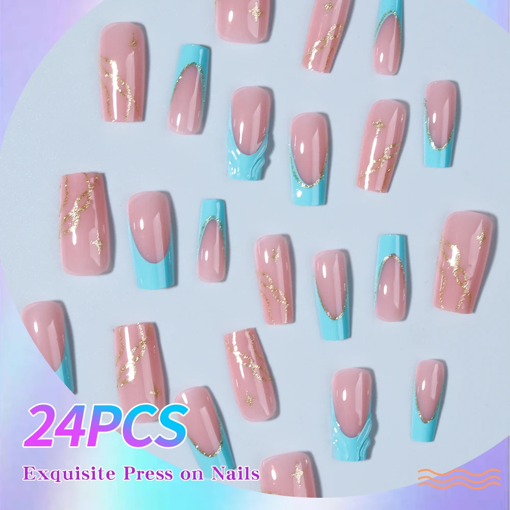 24개/세트 프레스온 네일 팁 화이트 프렌치 & 3D 젤 디자인 아크릴 인조 손톱, 완벽하게 맞고 중간 길이 디자인, 1개 J 포함