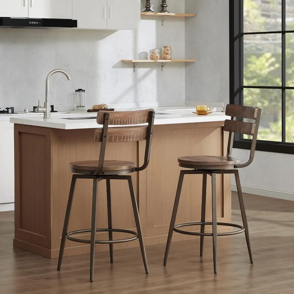 Sillas de Café giratorias con respaldo desmontable, altura de mostrador de 26 ", Barstools de madera rústica de granja, Juego de 2 sillas de Café de cocina