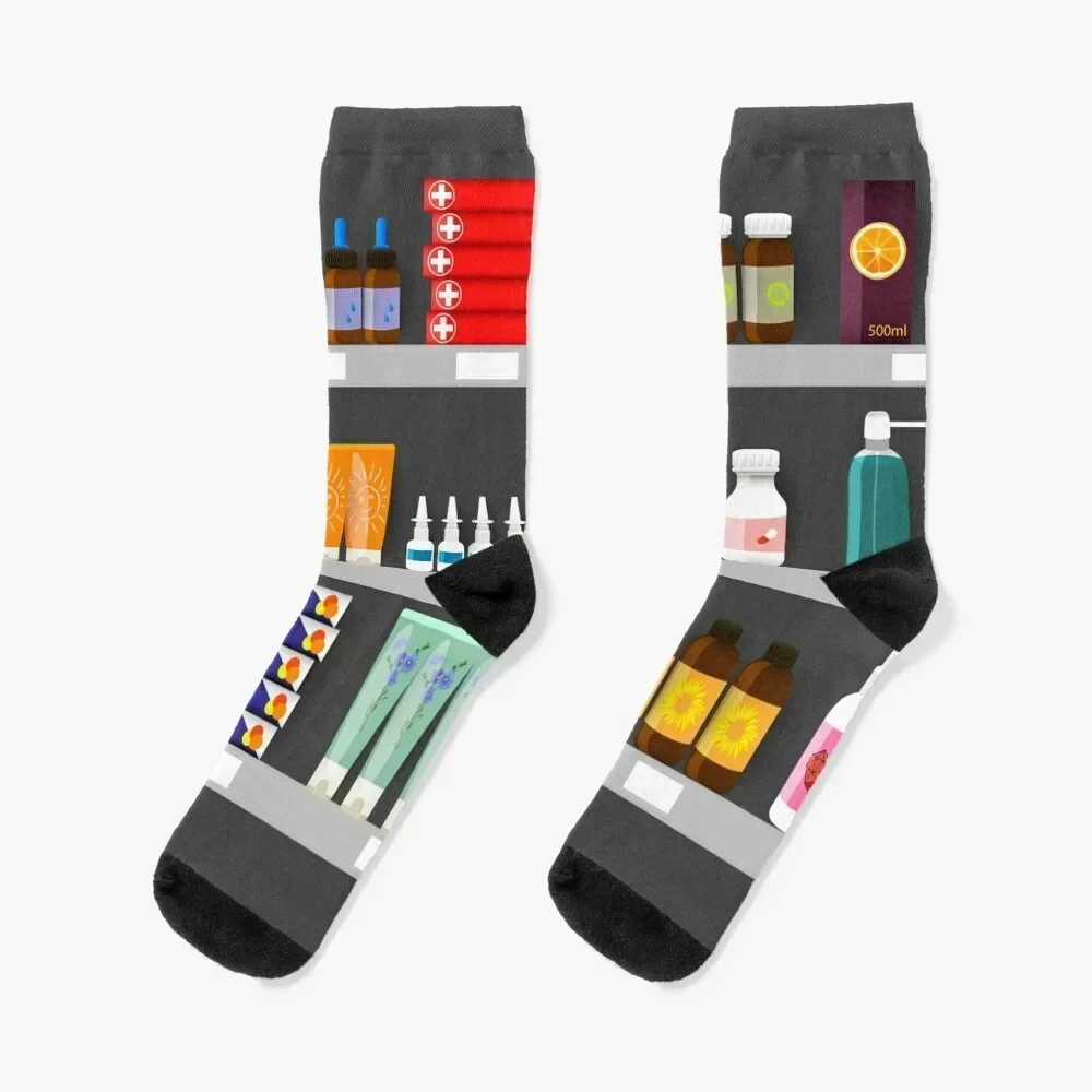 Pharmacy shelves with medicine bottles, sprays and pills Socks hiking luxe Christmas Socks For Men Women's