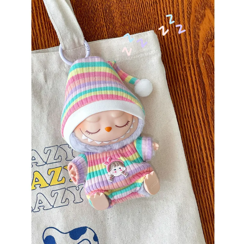 17cm Labubu Dolls Clothing Cute Mini Plush Doll's Clothes The Monster Outfit Accessories Winter Jumpsuit Pajamas Rainbow EE03B