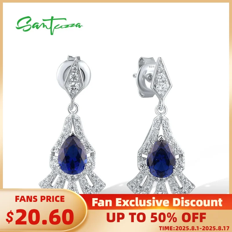 

SANTUZZA Real 925 Sterling Silver Stud Earrings For Women Sparkling White CZ Blue Spinel Long Luxury Party Wedding Fine Jewelry