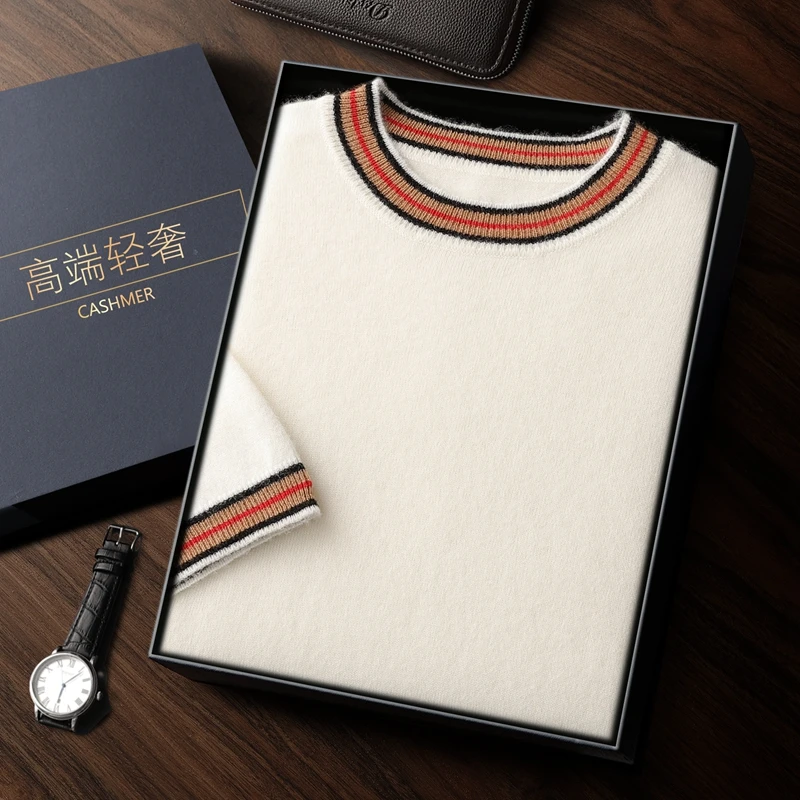 

Men's T-shirt 2026 Spring/Summer New 100% Cashmere Round Neck Color Blocking Short Sleeved Knit Pullover Casual Men's Clothing