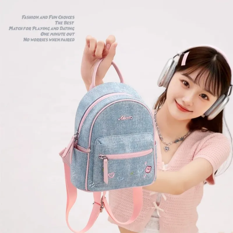

Blue Denim Embroidered Bear Backpack Women Mini Delicate School Style Rucksack Ladies Versatile Casual Compact Mochilas Mujer