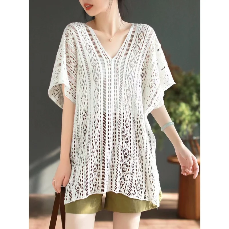

Artistic Hollow Cotton Sweater Women's Summer Thin V-neck Temperament Slimming Versatile Pullover Top