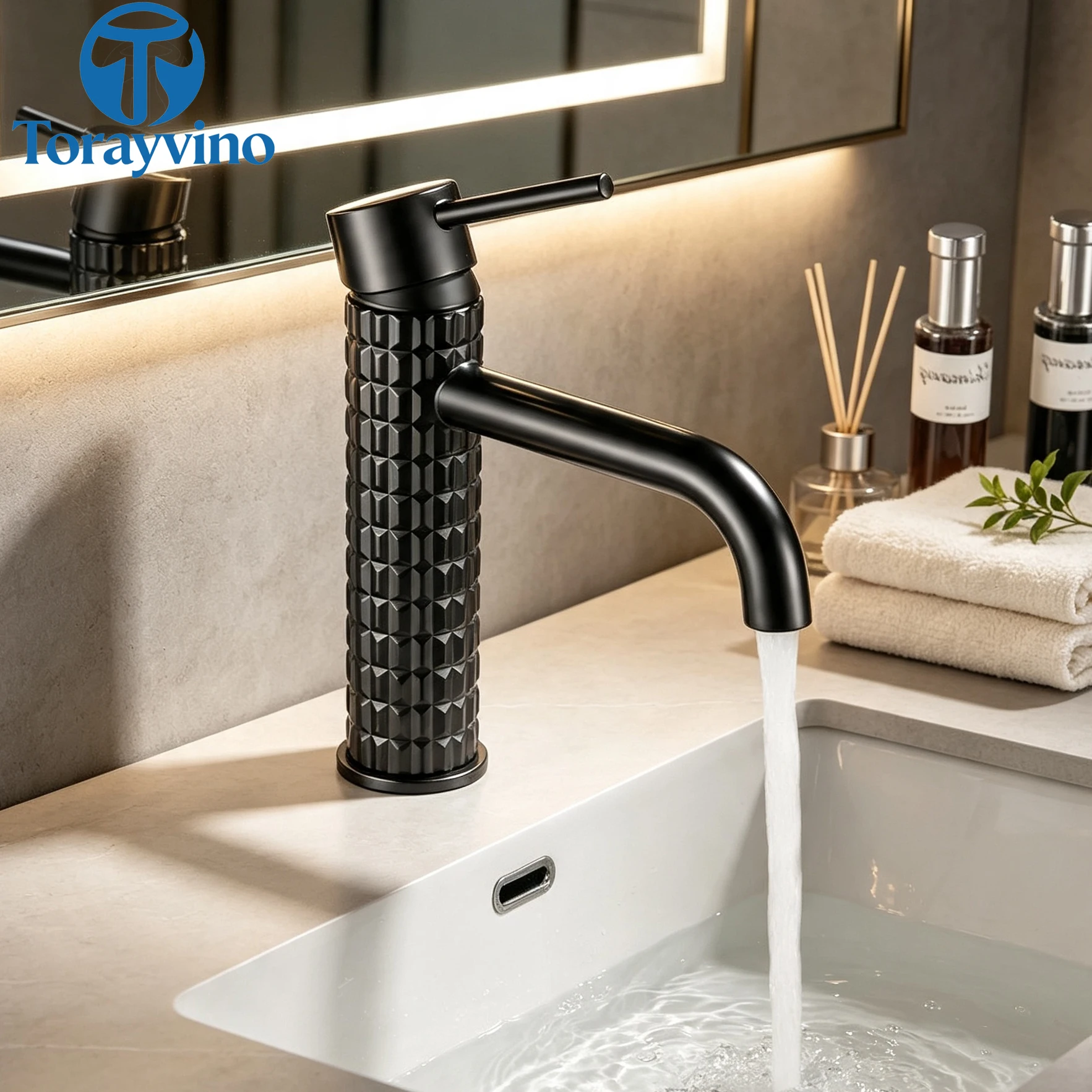 Torayvino Luxury European Black Brushed Gold Bathroom Basin Textured Faucet Vessel Sink Cold Hot Water Faucets Bath Mixer Tap