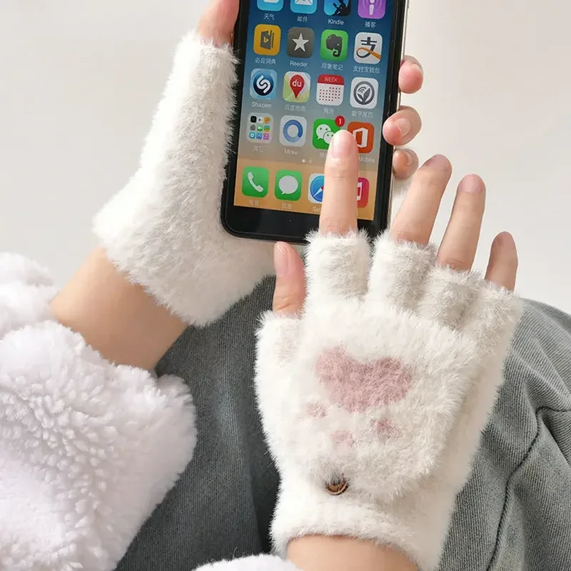 Nerts Handschoenen Schattige Kat Klauw Winter Warme Touchscreen Handschoenen Vrouwen Mannen Pluizen Vingerloze Flip Handschoenen Outdoor Gebreide Wanten Handschoen