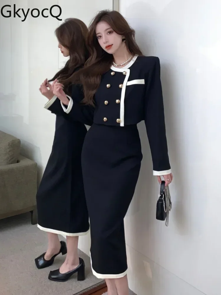 GkyocQ French Small Perfume Wind Suit Female Fall New Classy Temperament Double-breasted Short Jacket + Long Skirt Two-piece Set