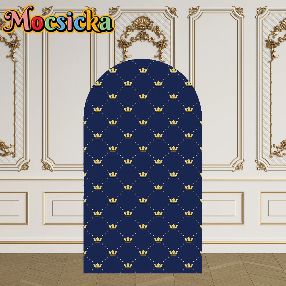 Mocsicka 2-Sided Arch Cover Blue Golden Crown Decoration Backdrop Baby Shower Arch Wall Children 1st Birthday Party Prom Studio