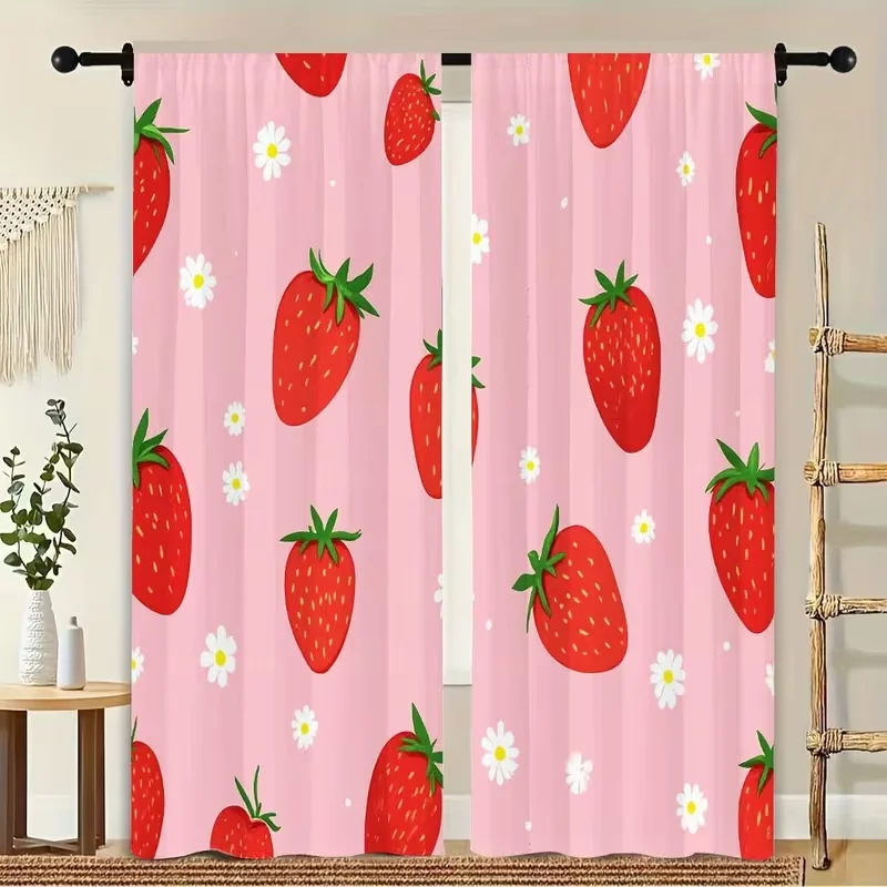 

2 шт. шторы с клубничками и ромашками – розовые полосатые шторы с милым фруктовым принтом для детской спальни, кухни, комнаты девочки, декор