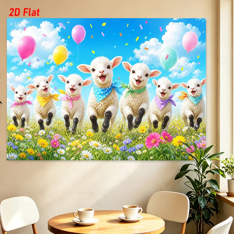 Cute Lamb Balloon Tapestry, Happy Sheep Meadow Wall Hanging, Colorful Spring Animal Decor, Kids Nursery Bedroom Background