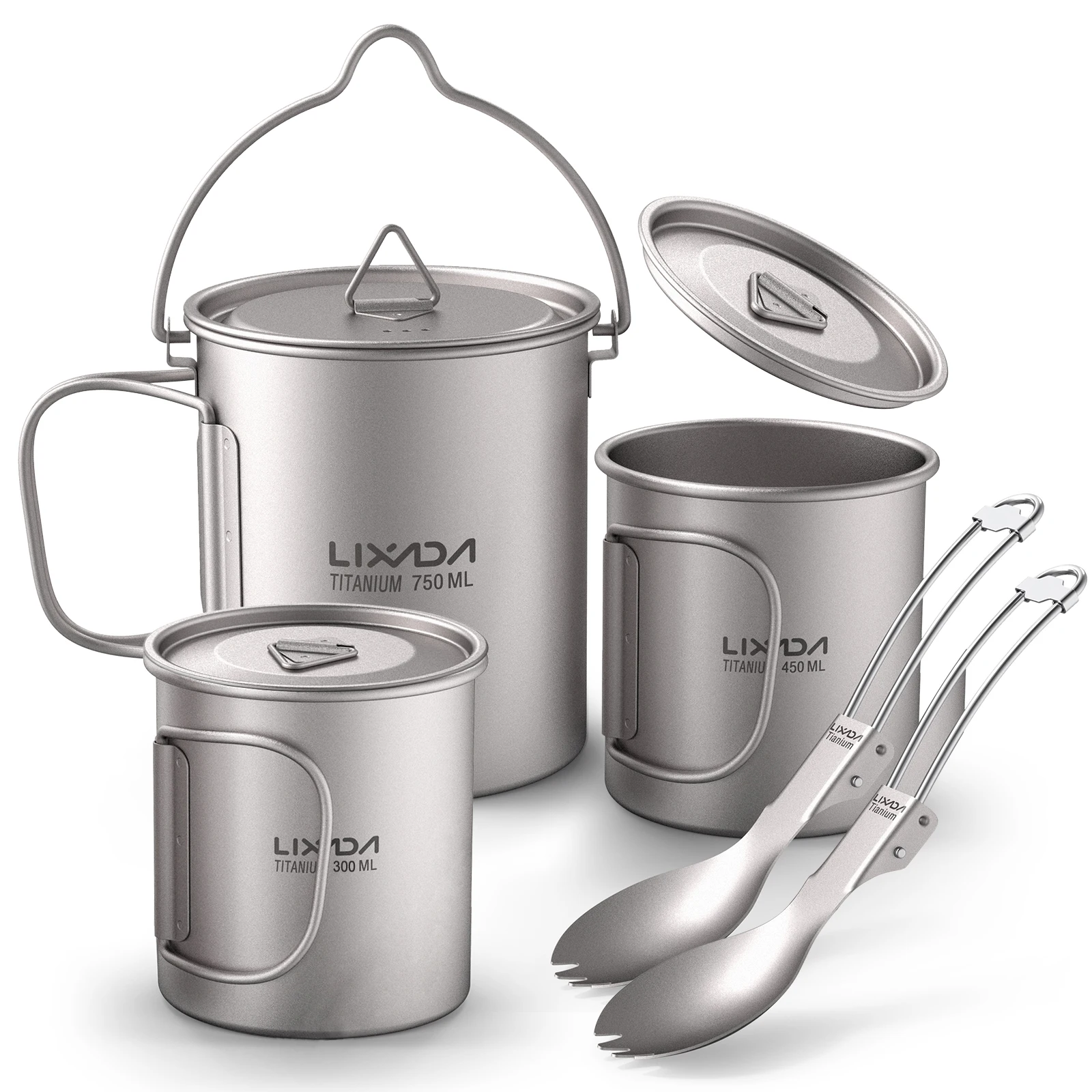 Lixada Titanium Cup Pot Tableware Set Outdoor Camp Titanium 750ml Pot 350ml Water Cup Mug w Lid Collapsible Handle Folding Spork