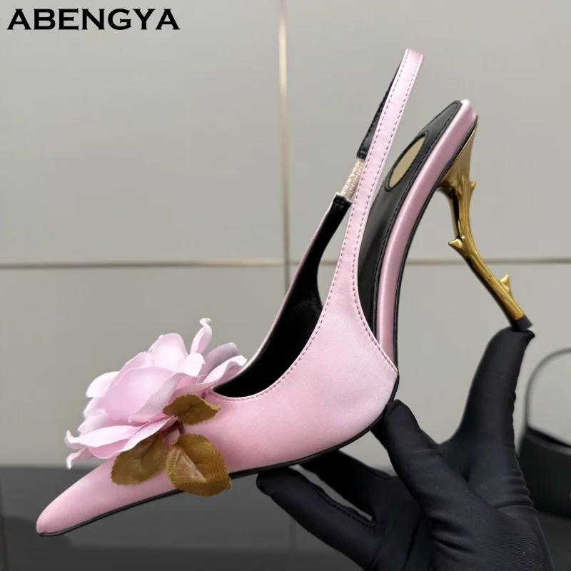 

2025 Summer Pink Silk High Heels Shoes Woman Pointy Toe Flower Slingback Dress Stilettos Designer Sexy Party Wedding Prom Shoes