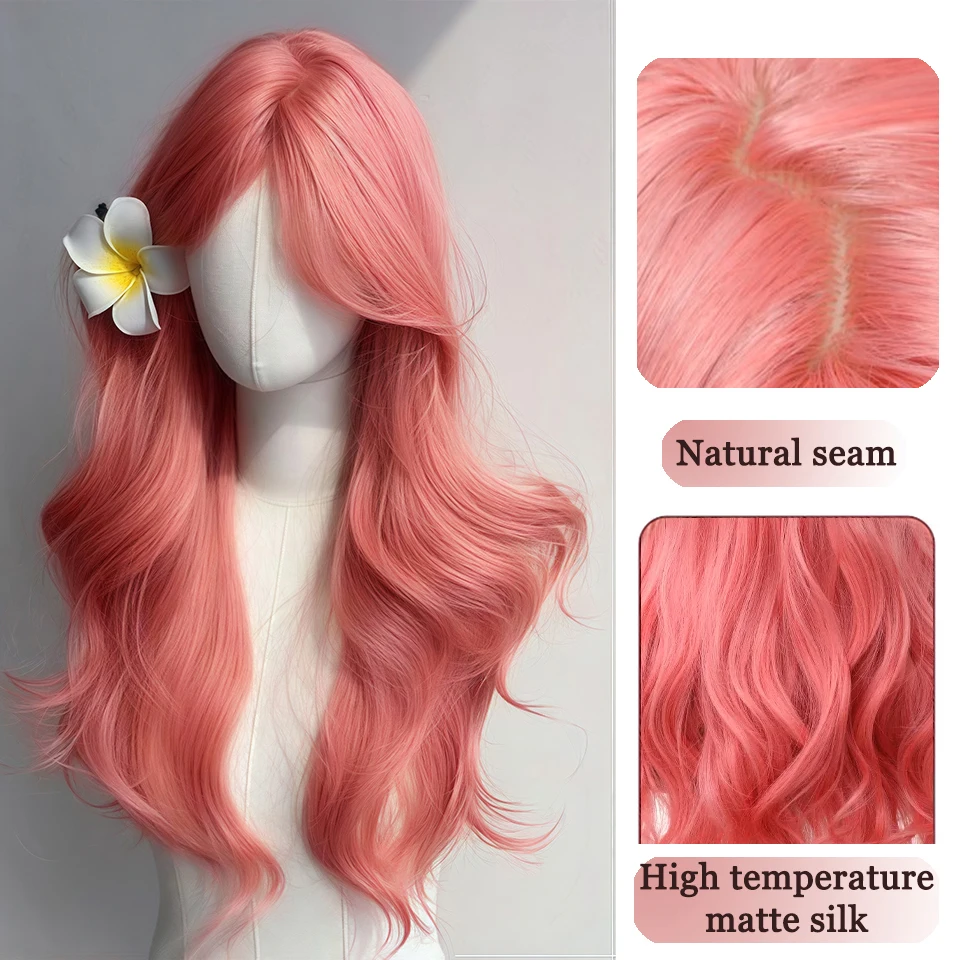 Peruca rosa longa ondulada sintética, parte intermediária, onda natural, resistente ao calor, cosplay, festa diária, adequada para mulheres lm