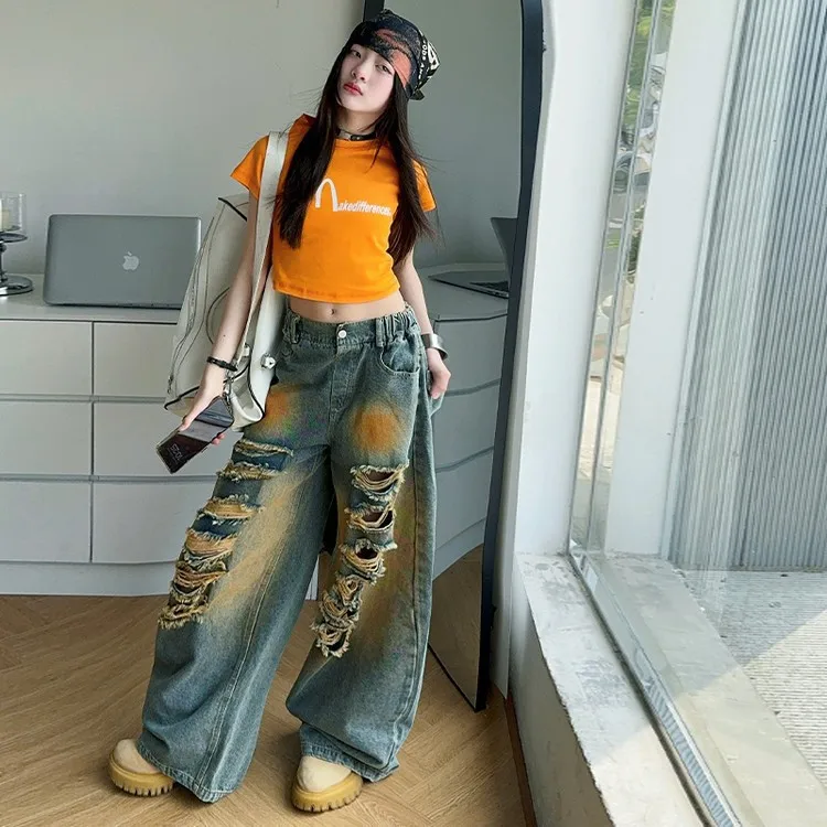 

Джинсы с дырками для девочек-подростков, новинка 2025 года, детские рваные брюки, стильные широкие брюки с прямыми штанинами 4, 6, 8, 10, 12, 14 лет