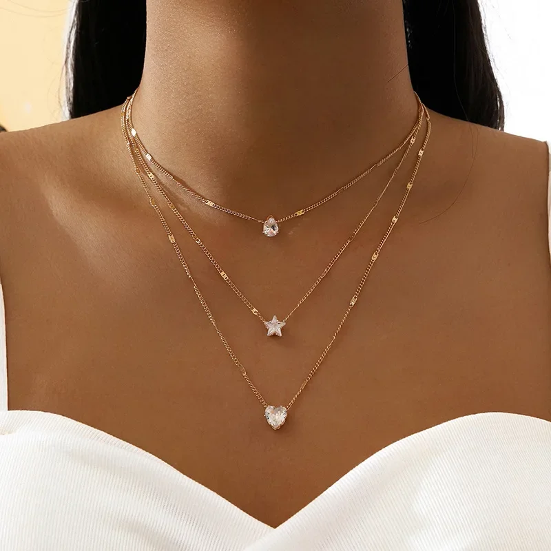 Luxury Multi-layered Zircon Heart Pendant Necklace for Women Charm Gold Color Star Crystal Choker Chain Fashion Jewelry Gift