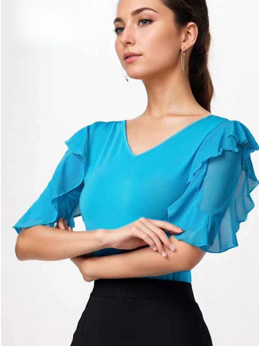 Haut de salle de bal latine pour femmes, coupe cintrée, couleur unie, manches à volants, demi-longueur, vêtements de danse, Tango Samba Rumba, pratique de Performance sur scène