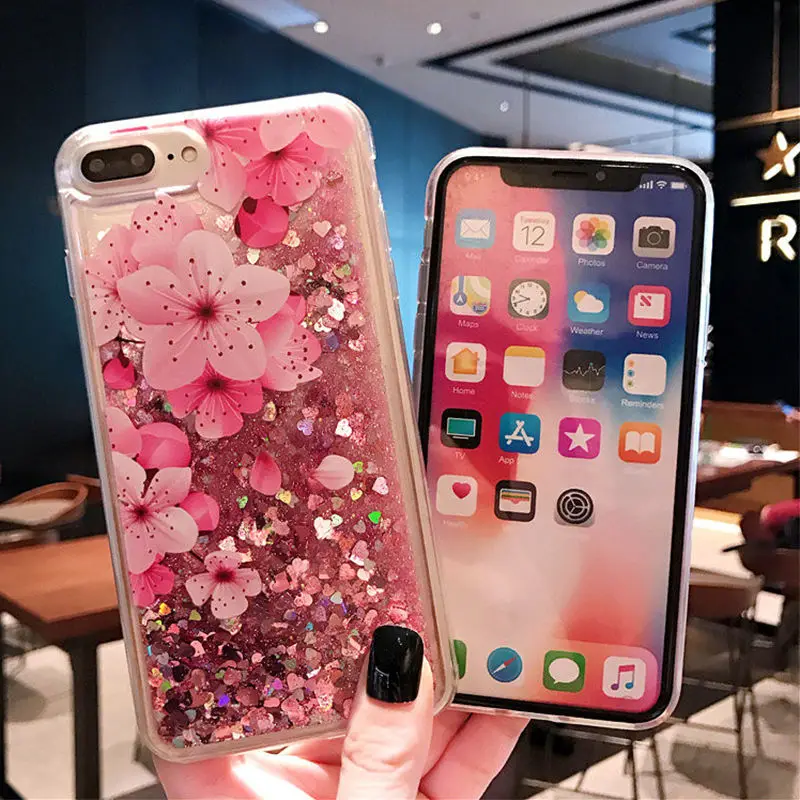 Glitter Liquid Pink Flower Case For iPhone 16 15 14 Plus 11 12 Mini 13 Pro Max X XS 7 8 Quicksand Dynamic Clear TPU Back Cover