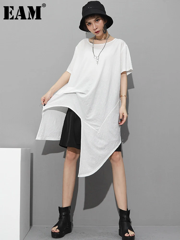 [EAM] Women White Irregular Split Joint Big Size T-shirt New Round Neck Short Sleeve  Fashion Tide  Spring Summer 2024 1Z306