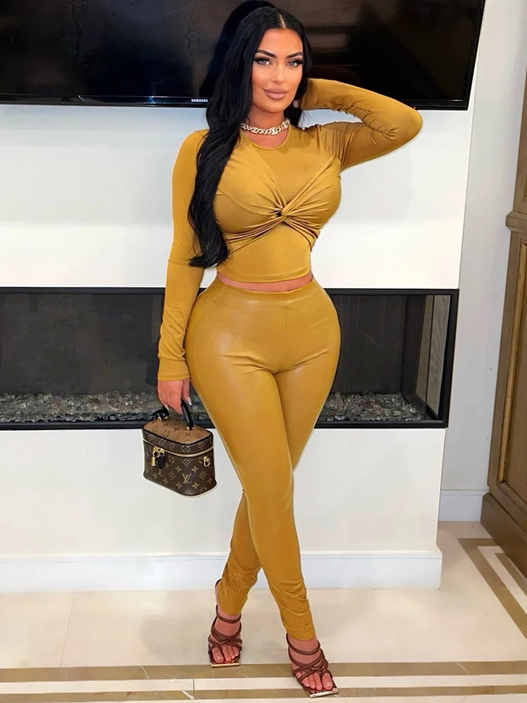 

Nibber o-Neck 2 Piece Set Women Hottie Solid Hipster Cross Ruched Full Sleeve+Faux Leather Stretch Leggings Street Trend Suits