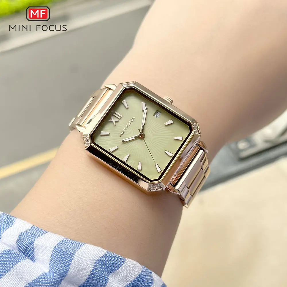 MINI FOCUS Square Dial Quartz Watch Women Fashion Analog Wristwatch with Luminous Hands Date Rose Gold Stainless Steel Band 0472