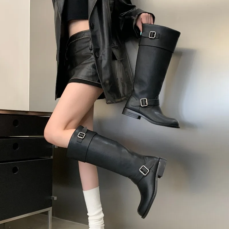 Eilyken New Design Splicing Belt Buckle Knee-High Boots Women Retro Round Toe Square Low Heels Autumn Winter Shoes