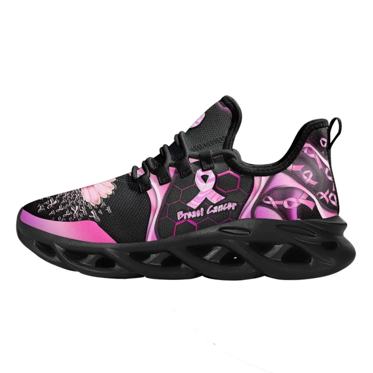 Breast Cancer Awareness Pink Flower Ribbon Pattern Printed Women Tennis Shoes Lightweight Lace Up Non-slip Sneakers Fashion 2023