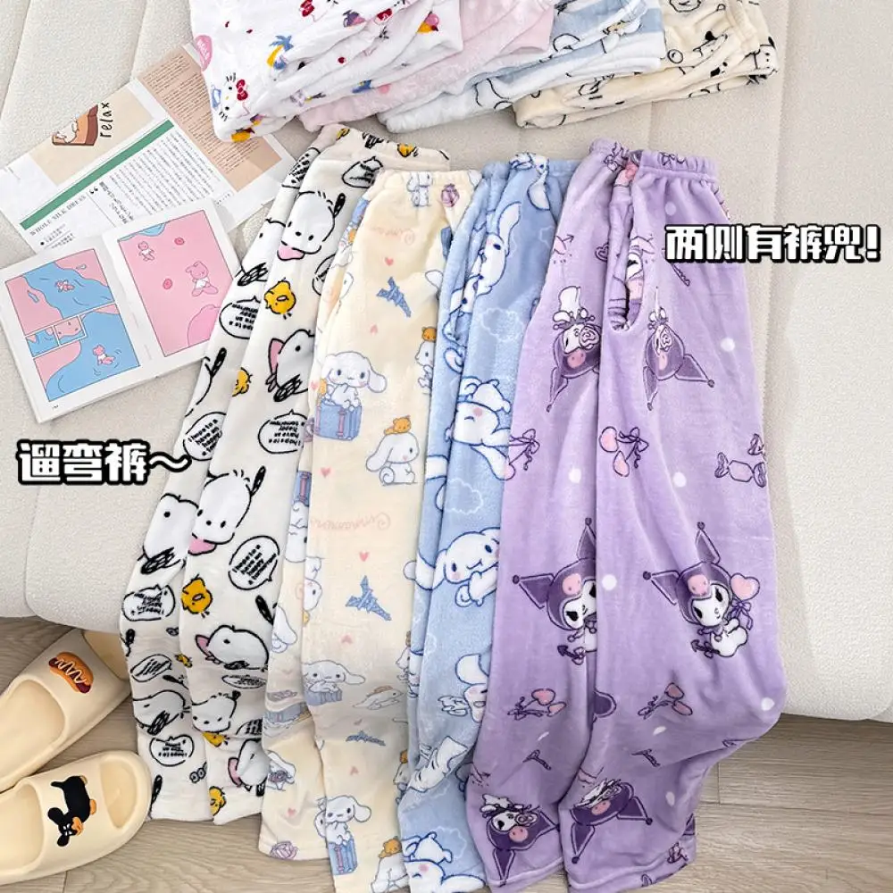 Sanrioed Anime Kuromi Plush Pajama Pants Hello Kitty Melody Women Kt Trousers Kawaii Cotton Winter Keep Warm Thicken Home Pants