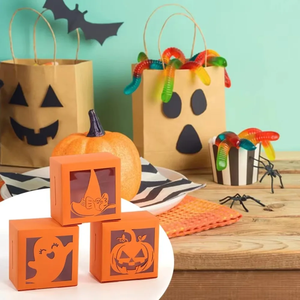 50PCS Square Halloween Candy Gift Box Transparent Window Kraft Paper Candy Packaging Box Ghost/Pumpkin/spider Pattern Cookie Box