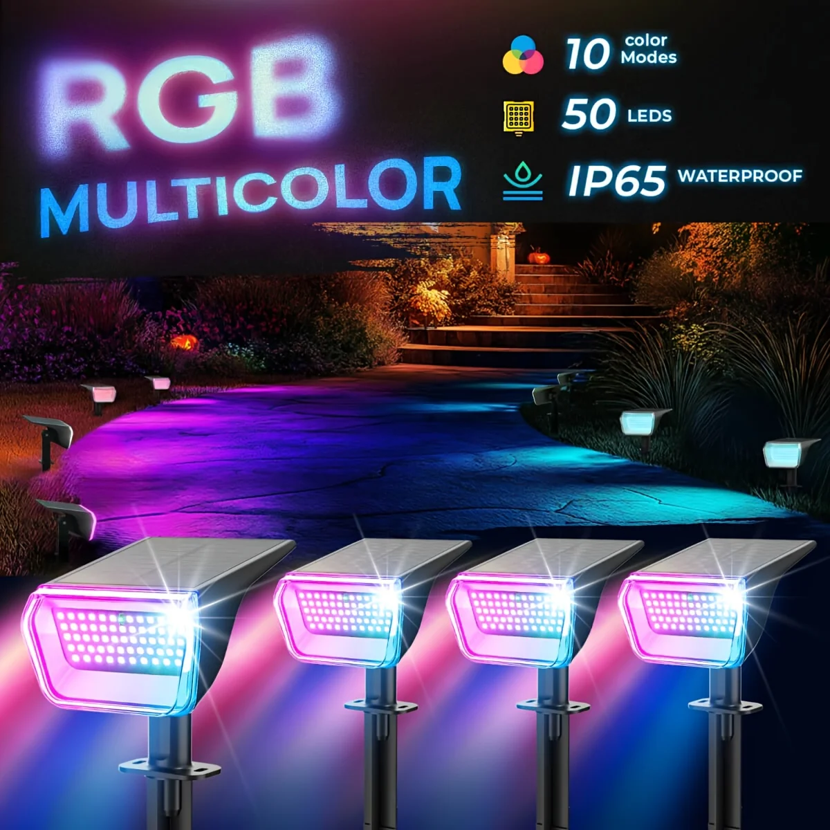 

Solar Lights Outdoor, 50 LEDs Color Changing Spotlights, Halloween Decorations, Solar RGB Light with 10 Lighting Modes And IP65 Waterproof, Multicolor Outdoor Lighting for Yard, Garden