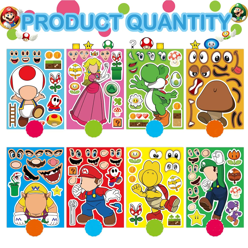 8/16sheets Game Super Mario Children Puzzle Stickers Make a Face DIY Fun Kid Assemble Jigsaw Decal Toy Birthday Party Decoration