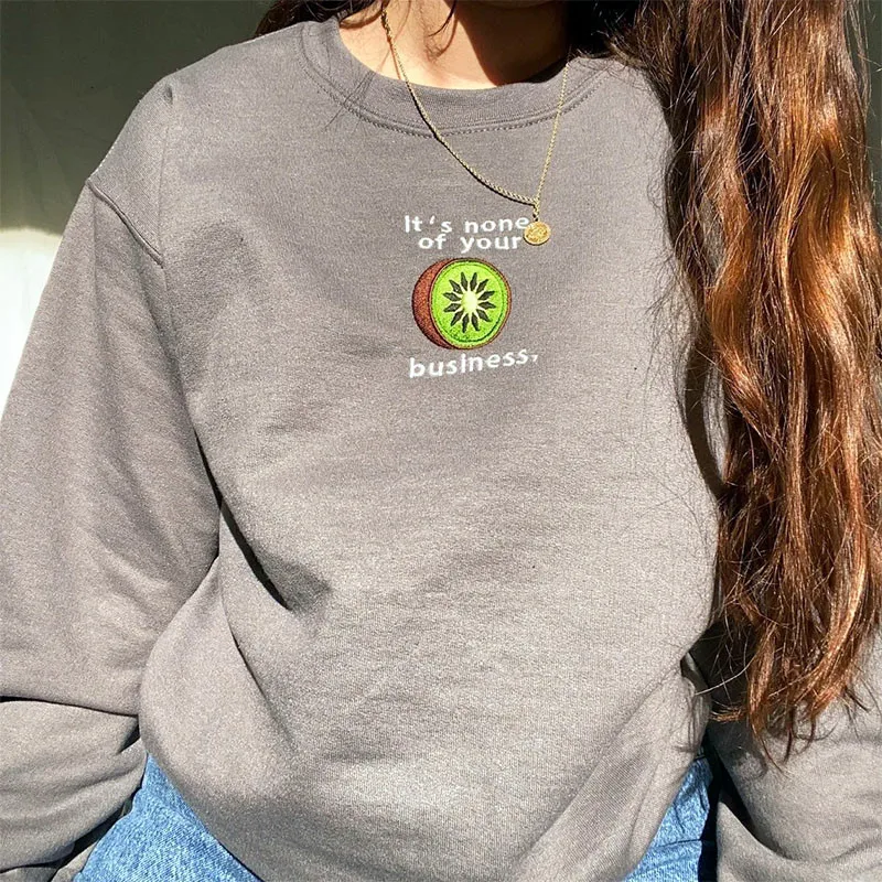 It's None of Your Business Kiwi Fruit Embroidered Jumpers Dark Gray Cotton Thick Crewneck Pullover Autumn Thick Warm Sweatshirts