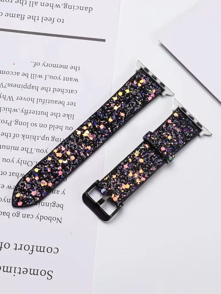 حزام من الجلد لساعة أبل 46-40 ملم للنساء بلينغ دايموند 42 41 ملم 44 45 ملم 49 ملم حزام لامع سلسلة IWatch 10 9 8 7 6 5 4 3