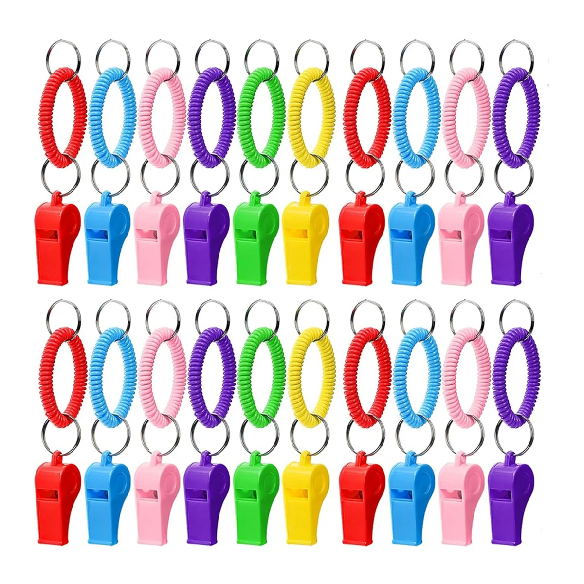 30 Pcs Sport Whistle with Bracelet, Plastic Whistles with Stretchable Coil Wrist Keychain Ring for Coaches, Referees