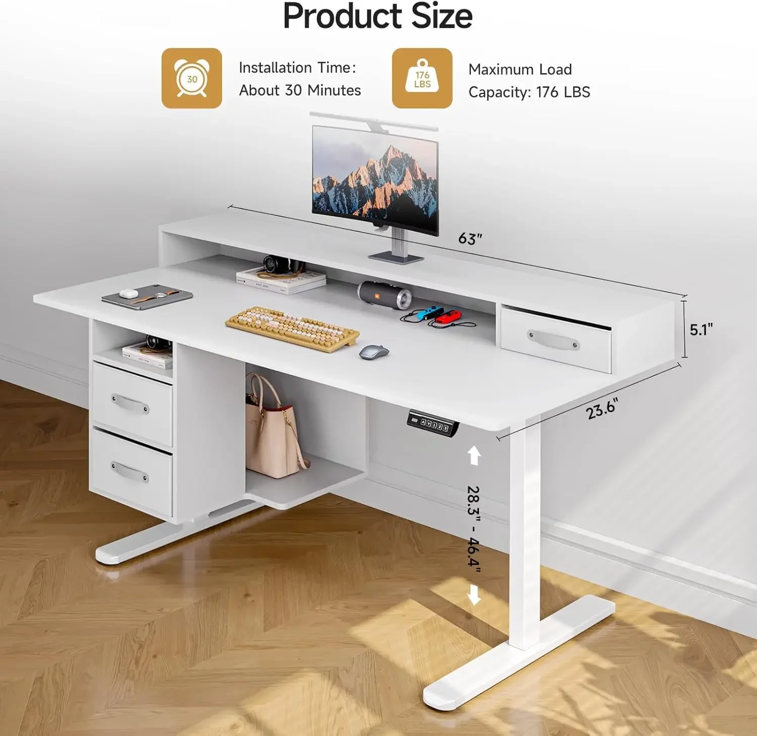 Mesa de pé com gavetas, mesa elétrica de 63x24 polegadas com 3 gavetas e prateleira de armazenamento aberta, mesa de suporte para sentar