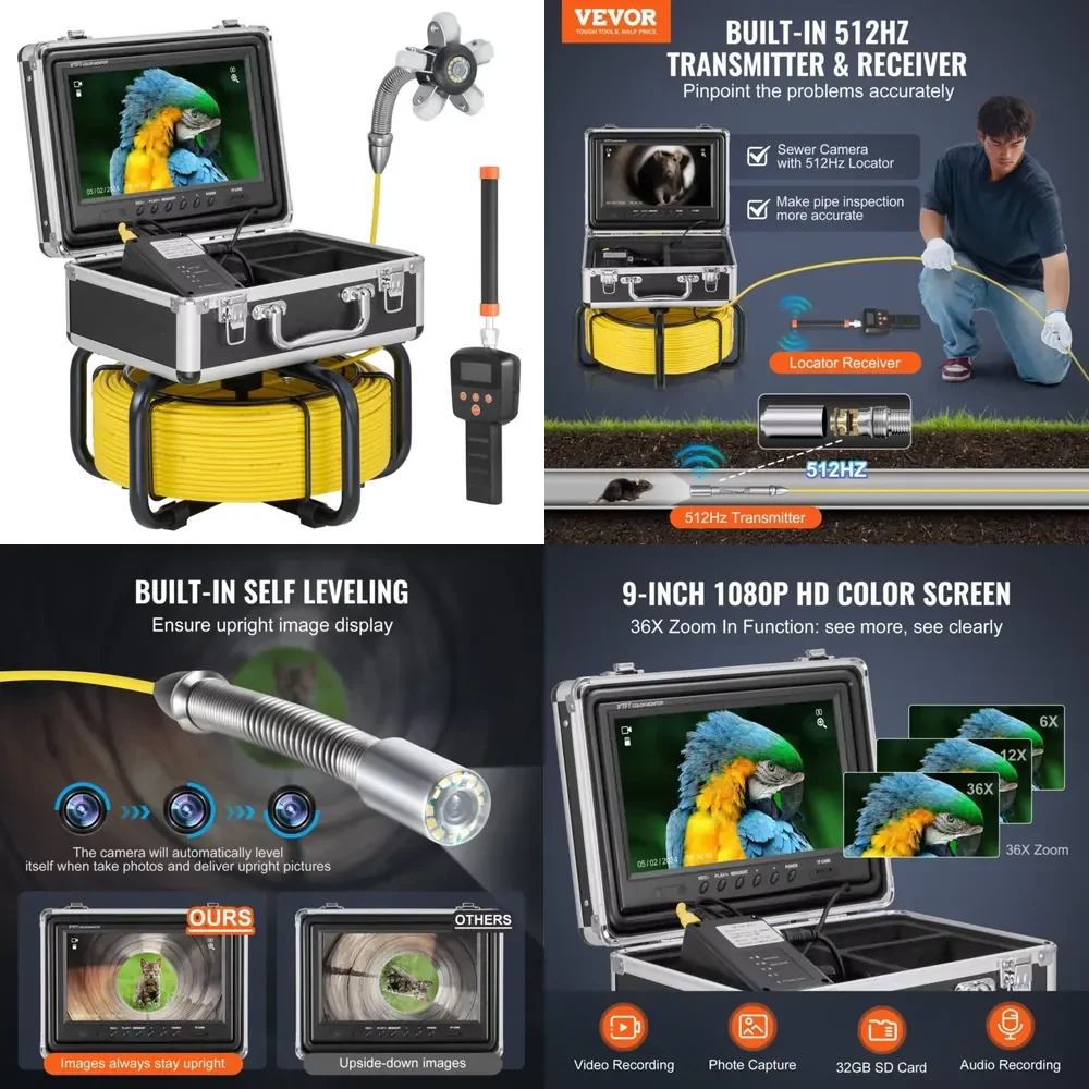 

512Hz Locator Self-Leveling Drain Inspection 98 Ft/30 m with 9\" 1080P HD Screen 36X Zoom Industrial Snake