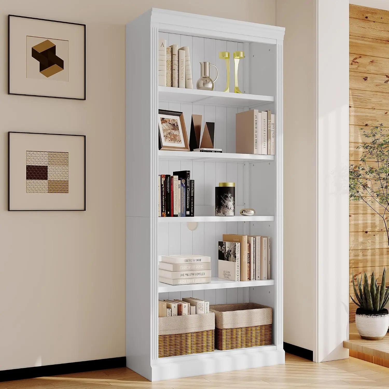 5-Tier Tall Bookshelf With Adjustable Shelves, Freestanding Display Rack For Living Room & Office, 83 Inch, White, Customized
