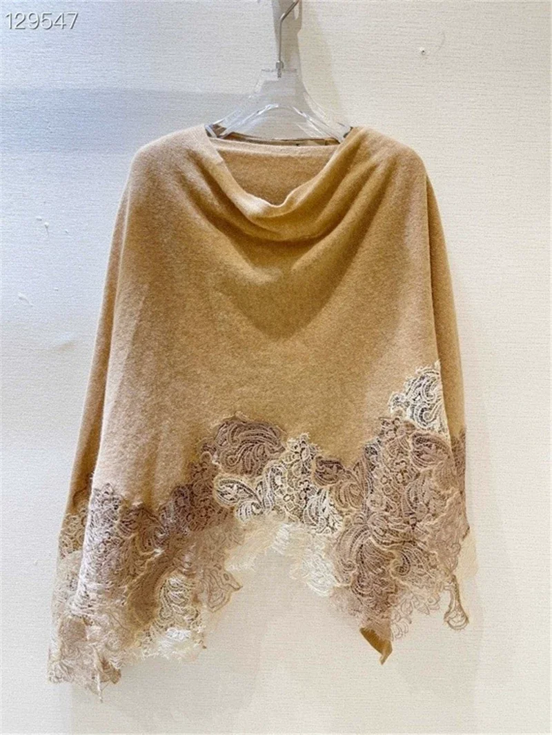 Luxury 100% Cashmere Knit Cape Women Elegant Black Beige Lace Hem Loose Pullover Poncho
