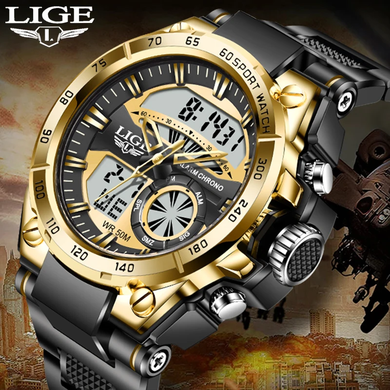 LIGE Business Analog Digital Quartz Men Watch Fashion Military Sport Waterproof Watches Men Top Brand Luxury Dual Display Watch