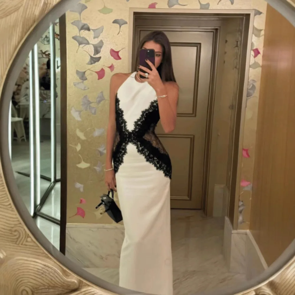 New European and American women's clothing lace contrasting color splicing sexy neck dress fashion temperament dress long dress