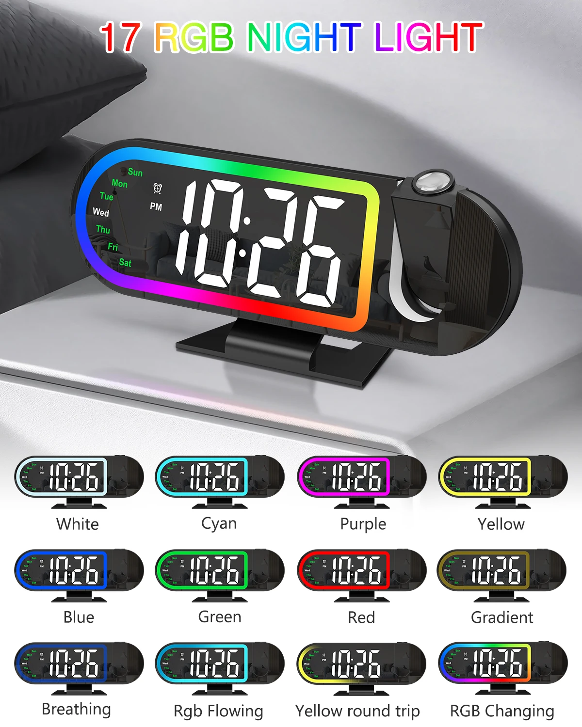 LED Projection Alarm Clock 8.5'' Large Screen 17 Colors Ambient Light Digital Clock Time Day Date Display Snooze for Bedroom