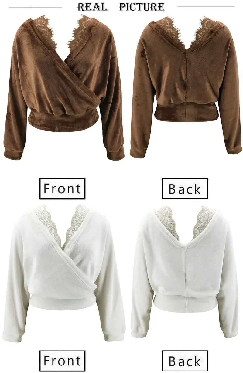 Fashion Sexy V-neck Lace Patchwork Plush Long Sleeve Top Sexy Women's Solid Color Lace Sling Flannel Long Sleeve Top