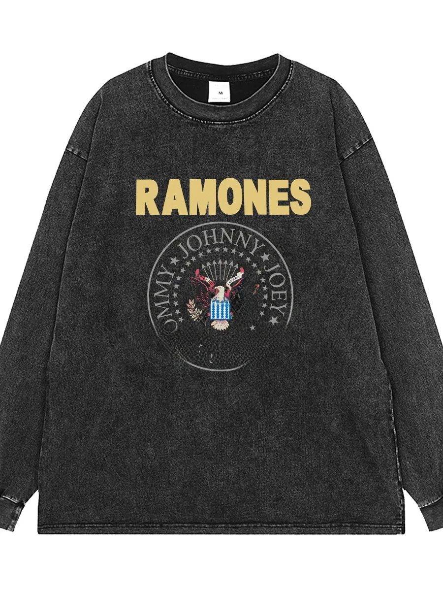 Retro American Street Hip Hop Punk Rock Band Washed Grey Long Sleeve Loose Fit T-Shirt Youth Casual Cotton round Neck Print